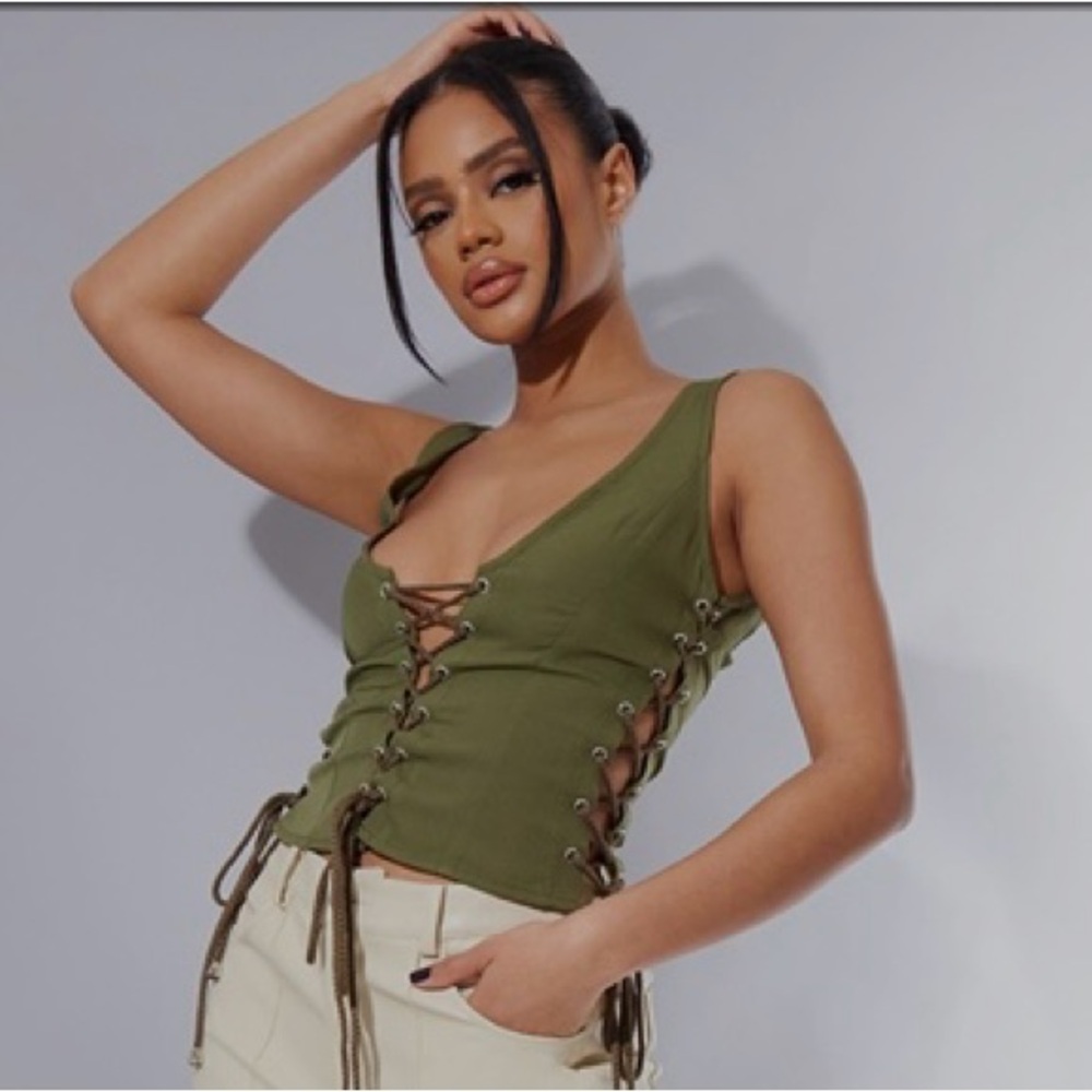 PRETTY LITTLE THING olive green Lace up top
